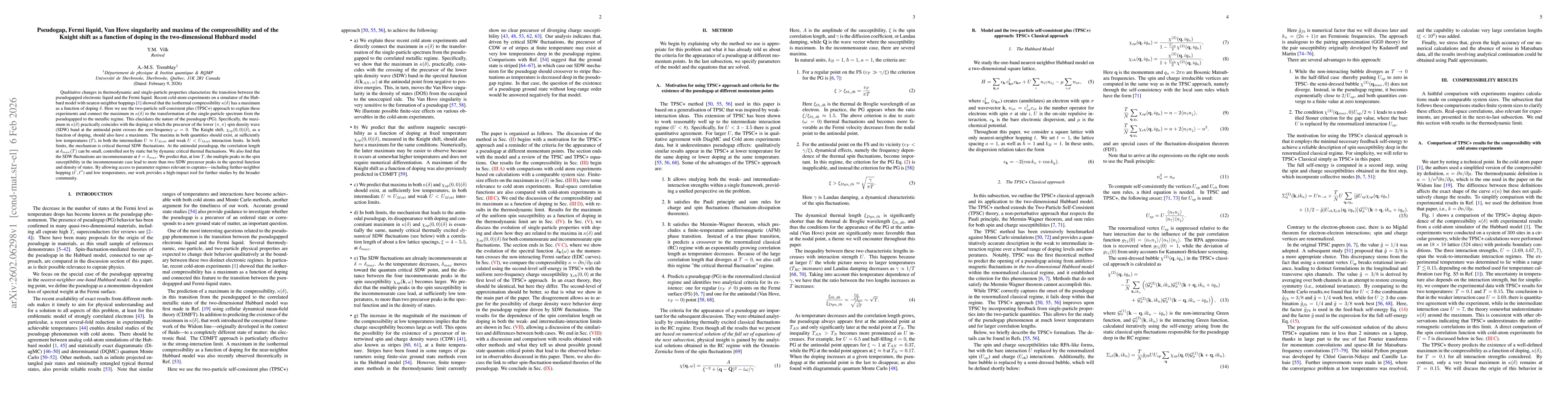 Thumbnail for Pseudogap, Fermi liquid, Van Hove singularity and maxima of the compressibility and of the Knight shift as a function of doping in the two-dimensional Hubbard model