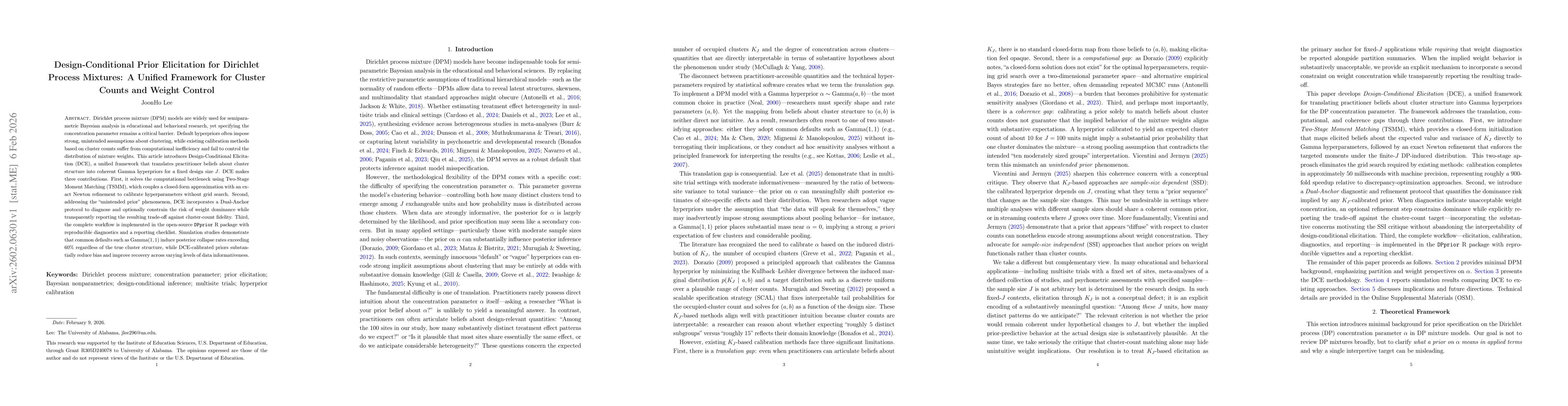 Thumbnail for Design-Conditional Prior Elicitation for Dirichlet Process Mixtures: A Unified Framework for Cluster Counts and Weight Control