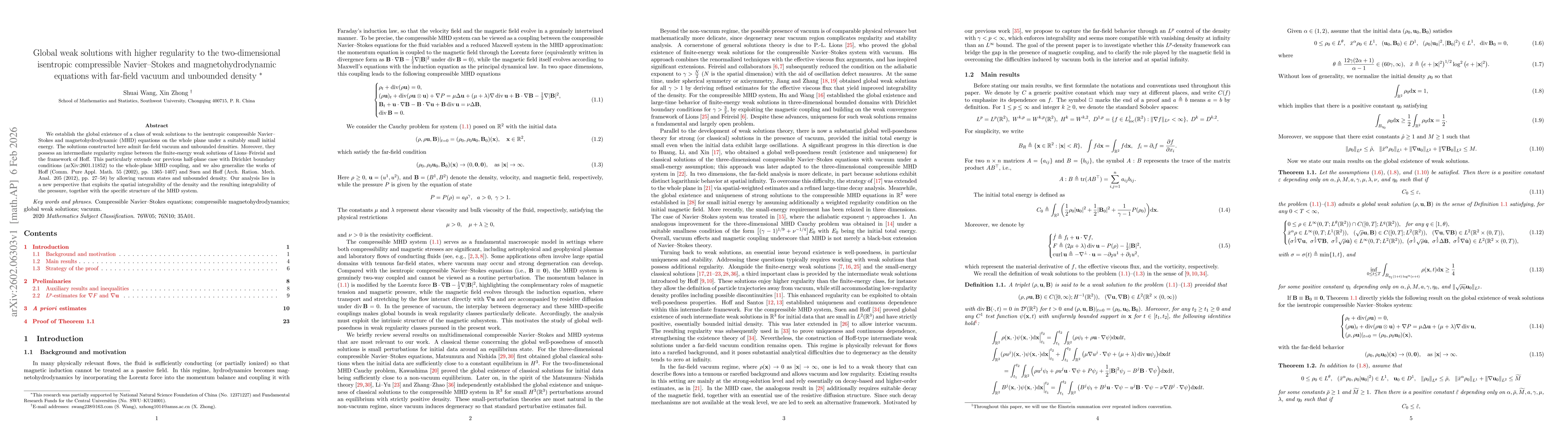 Thumbnail for Global weak solutions with higher regularity to the two-dimensional isentropic compressible Navier-Stokes and magnetohydrodynamic equations with far-field vacuum and unbounded density