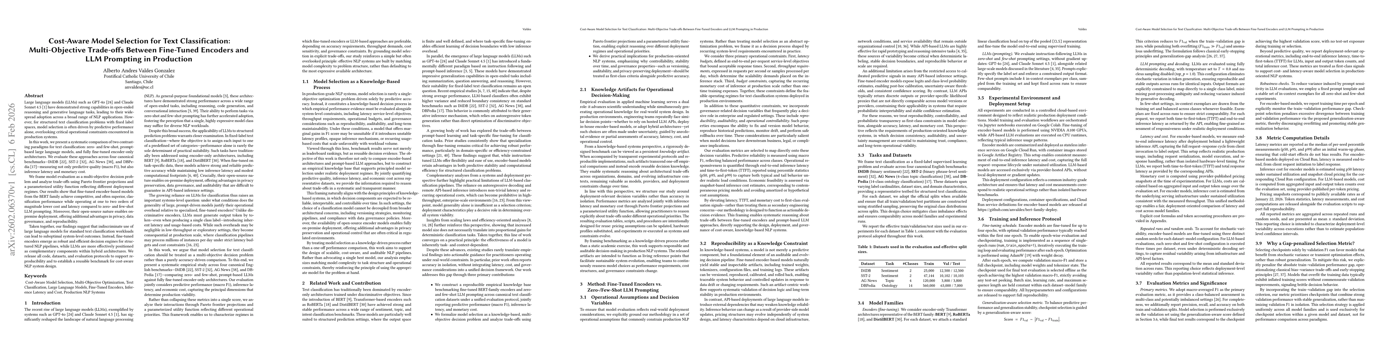 Thumbnail for Cost-Aware Model Selection for Text Classification: Multi-Objective Trade-offs Between Fine-Tuned Encoders and LLM Prompting in Production