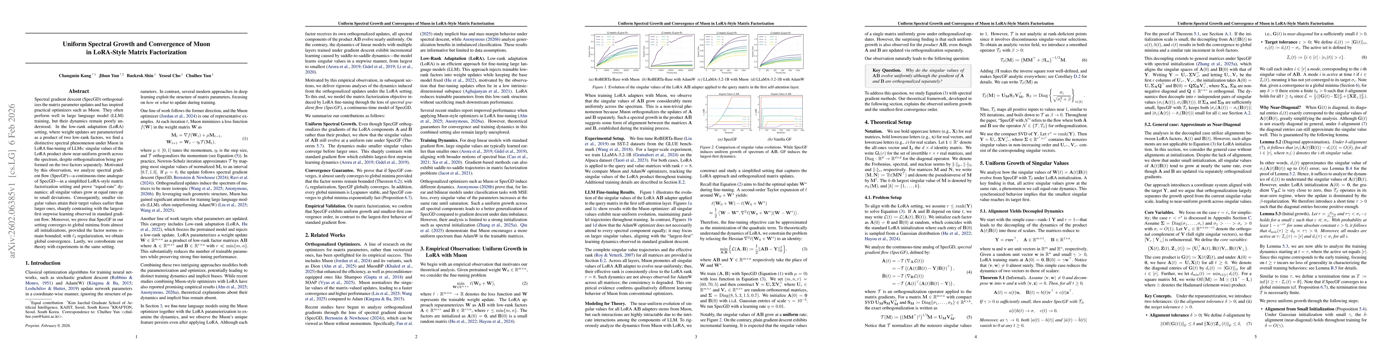 Thumbnail for Uniform Spectral Growth and Convergence of Muon in LoRA-Style Matrix Factorization