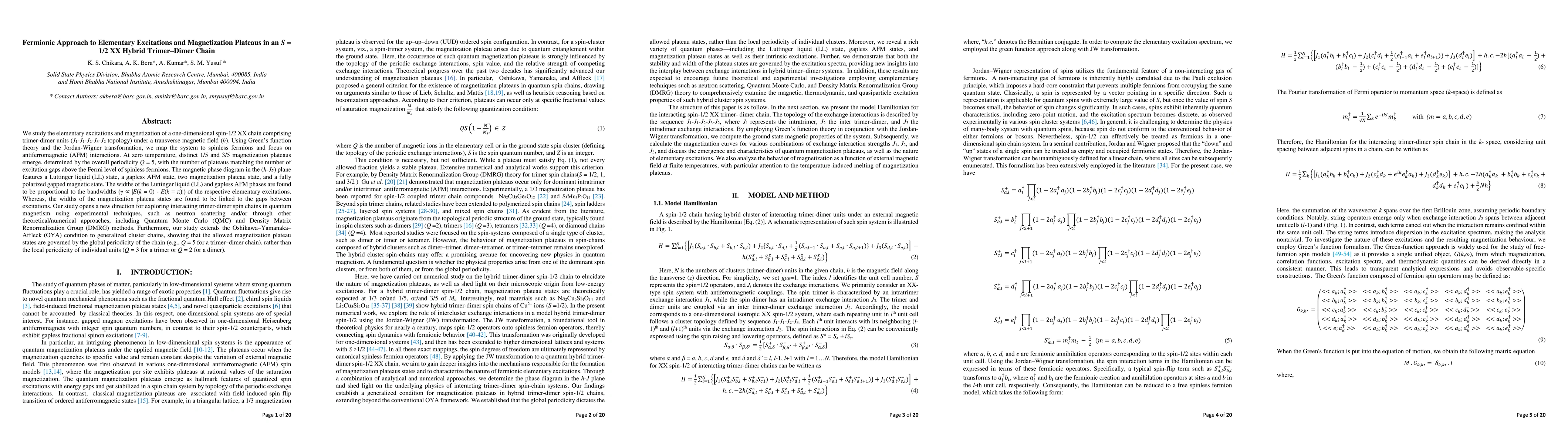 Thumbnail for Fermionic Approach to Elementary Excitations and Magnetization Plateaus in an S=1/2 XX Hybrid Trimer-Dimer Chain