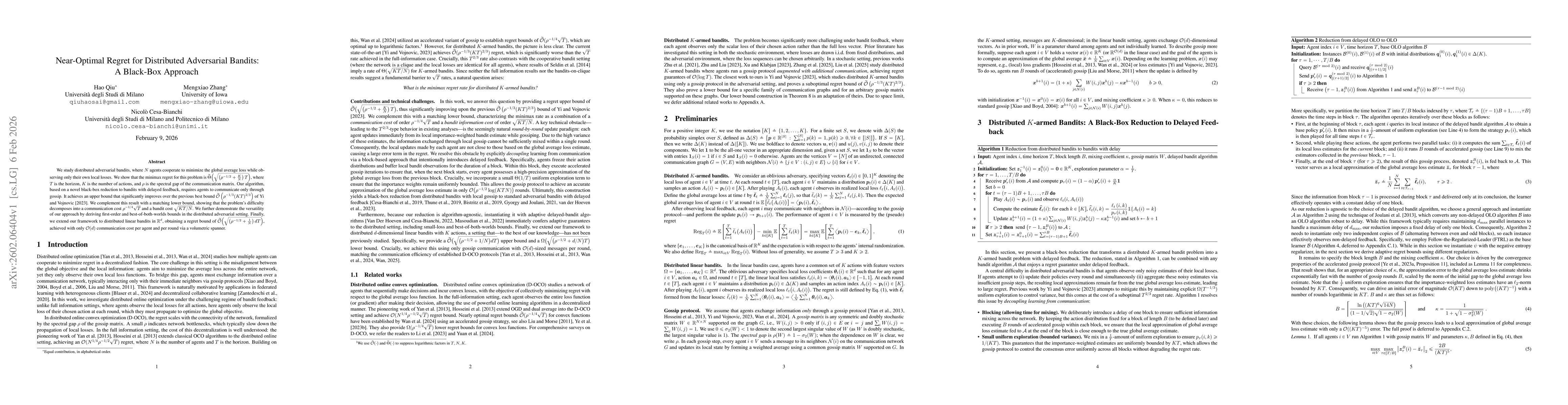 Thumbnail for Near-Optimal Regret for Distributed Adversarial Bandits: A Black-Box Approach