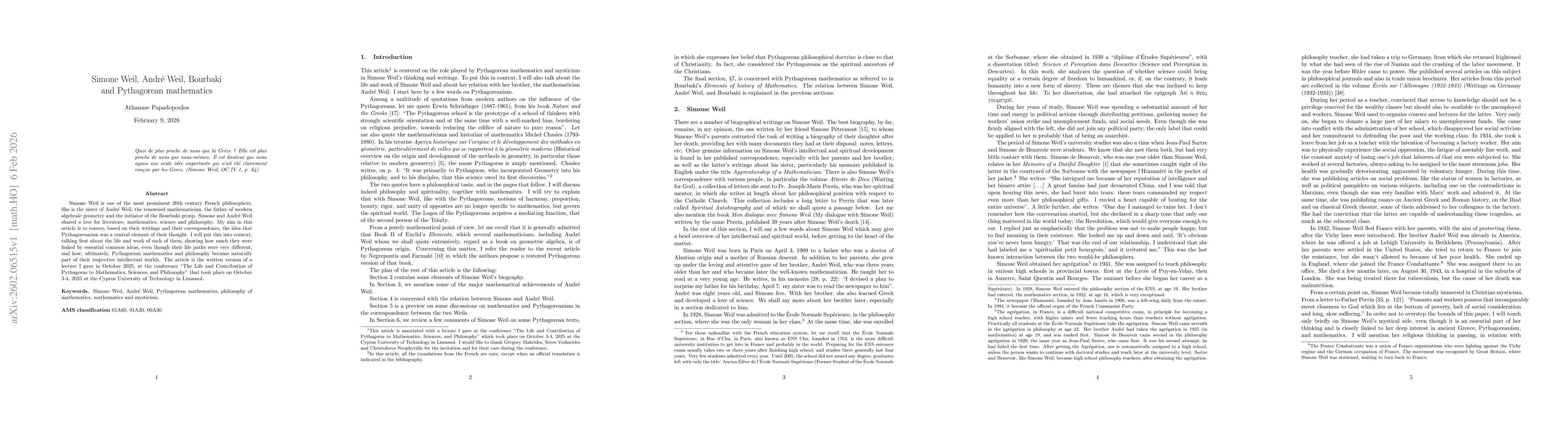 Thumbnail for Simone Weil, Andr{é} Weil, Bourbaki and Pythagorean mathematics