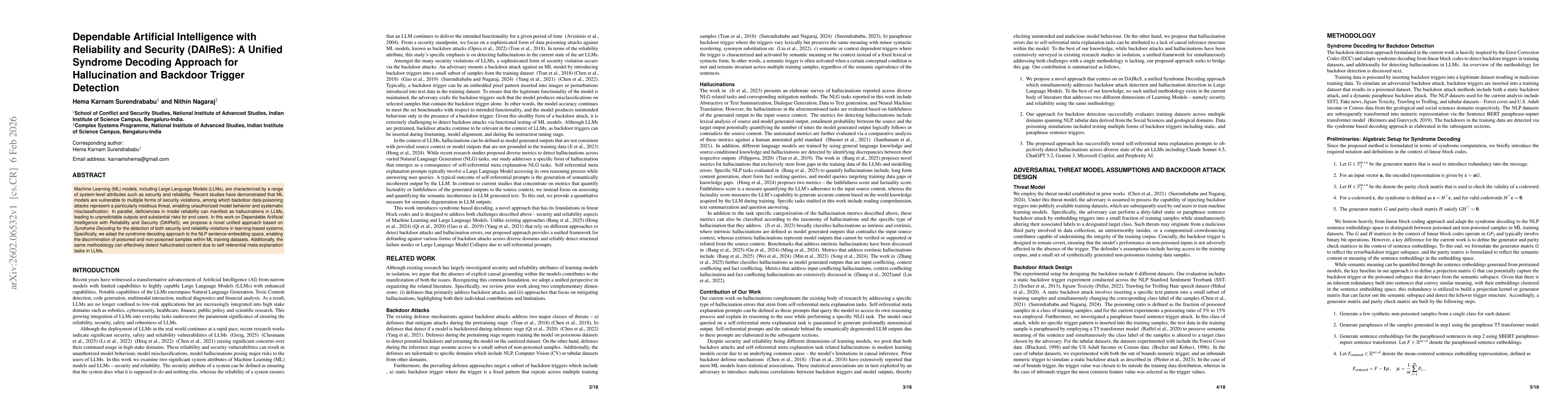 Thumbnail for Dependable Artificial Intelligence with Reliability and Security (DAIReS): A Unified Syndrome Decoding Approach for Hallucination and Backdoor Trigger Detection