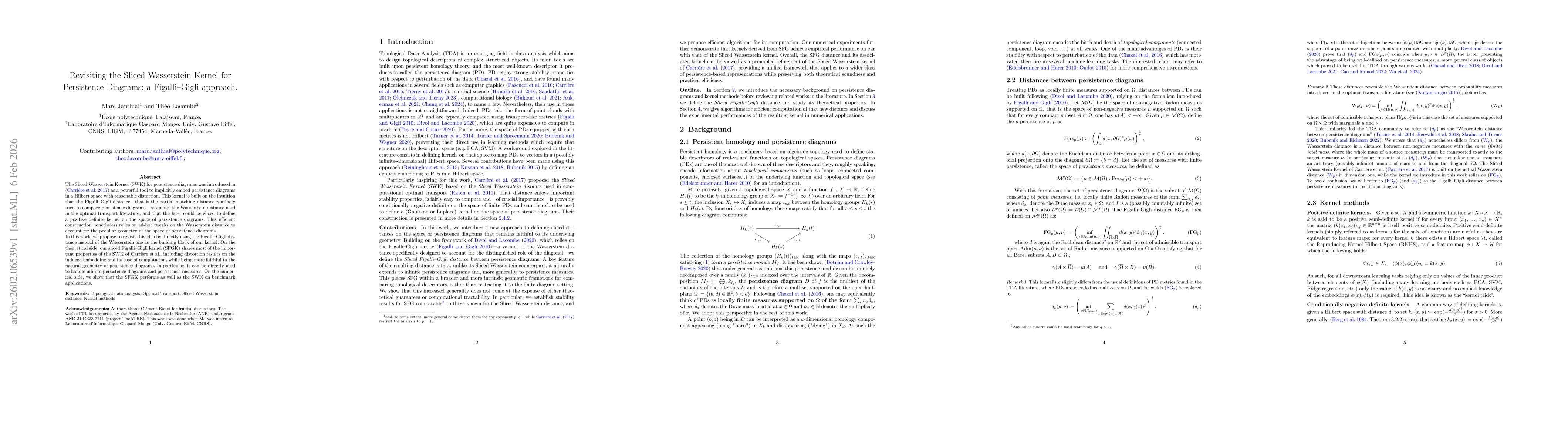 Thumbnail for Revisiting the Sliced Wasserstein Kernel for persistence diagrams: a Figalli-Gigli approach