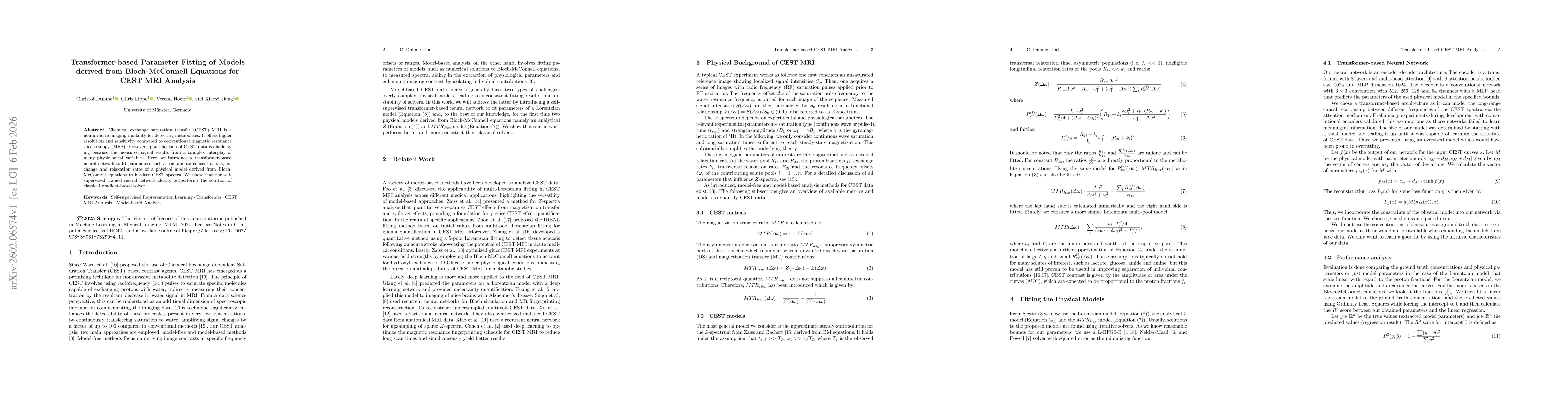 Thumbnail for Transformer-based Parameter Fitting of Models derived from Bloch-McConnell Equations for CEST MRI Analysis