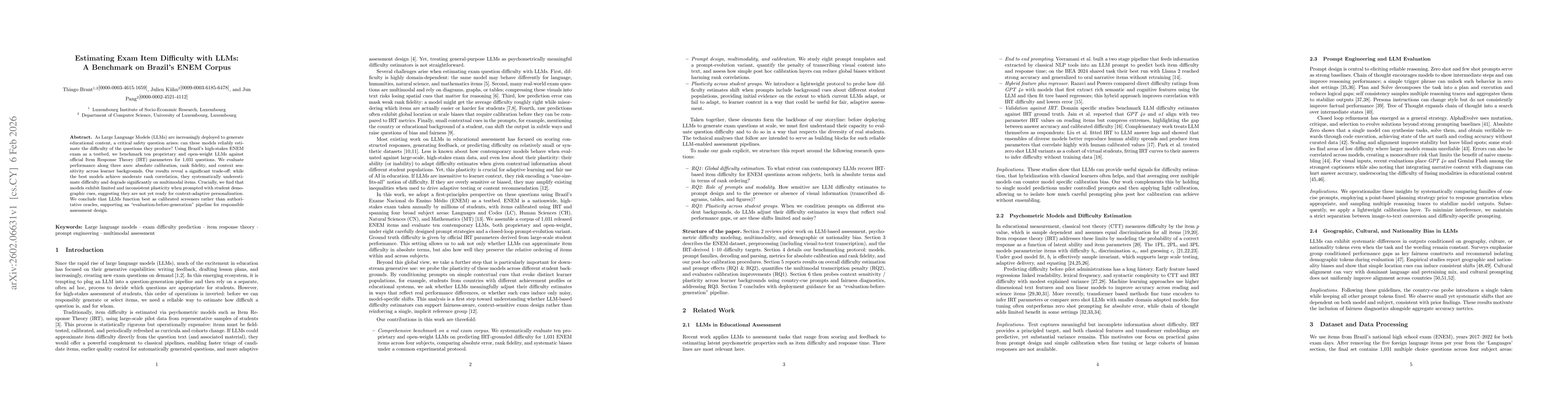 Thumbnail for Estimating Exam Item Difficulty with LLMs: A Benchmark on Brazil's ENEM Corpus