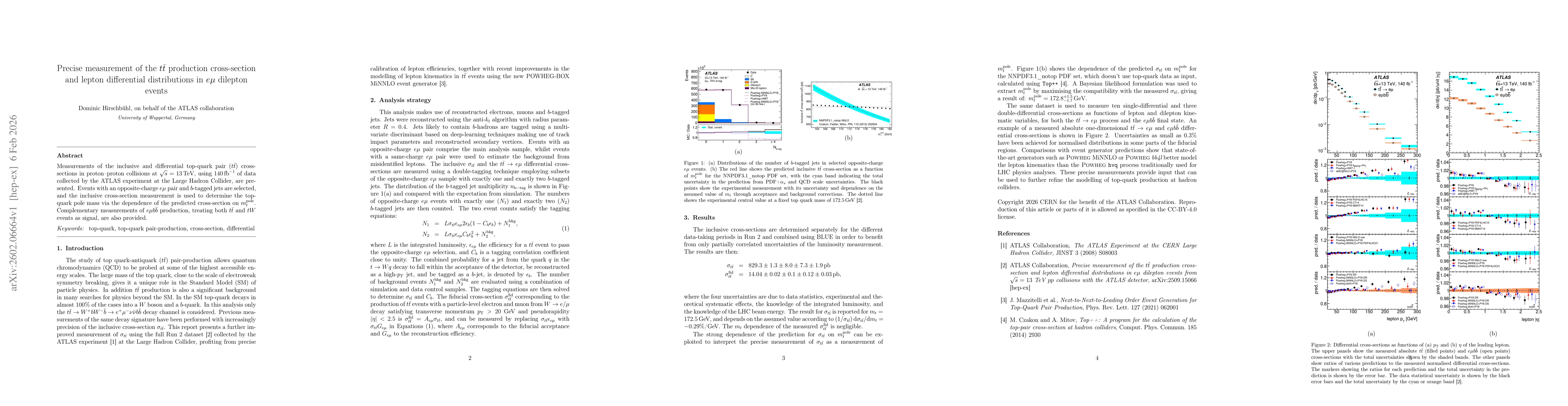 Thumbnail for Precise measurement of the $t\bar{t}$ production cross-section and lepton differential distributions in $eμ$ dilepton events