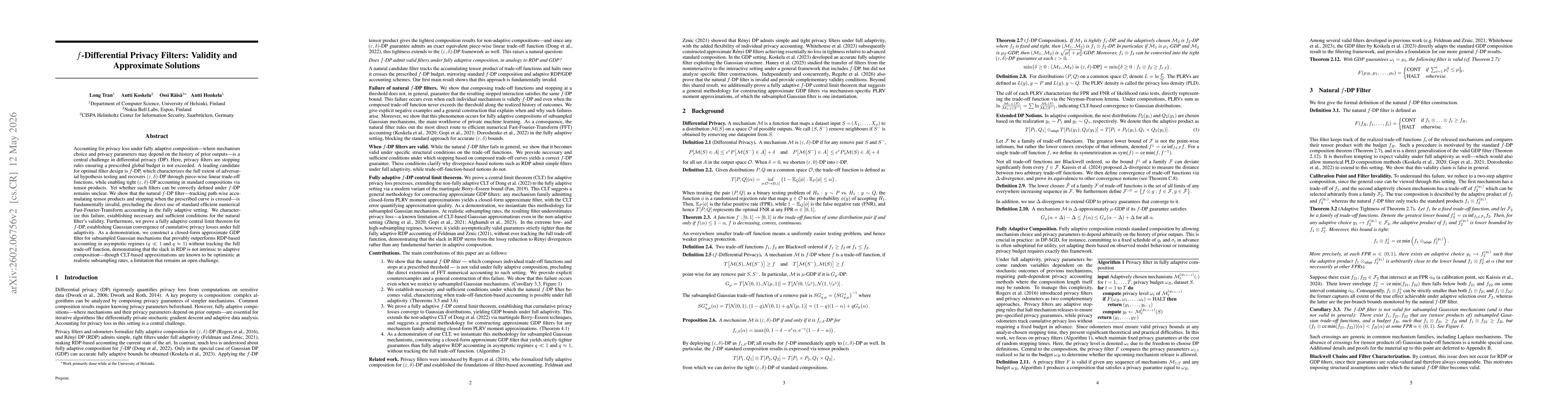 Thumbnail for $f$-Differential Privacy Filters: Validity and Approximate Solutions