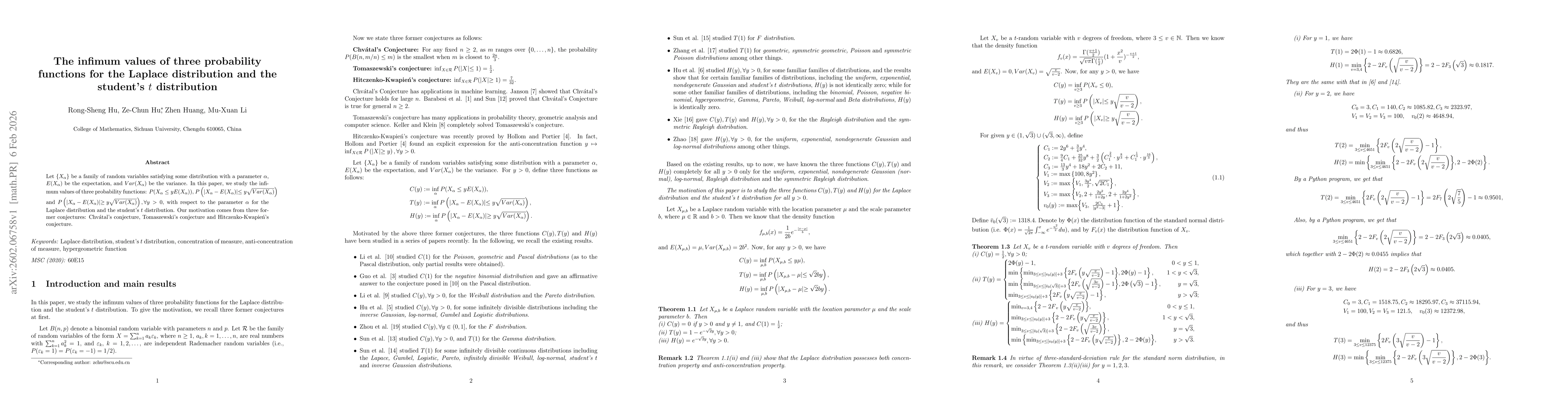 Thumbnail for The infimum values of three probability functions for the Laplace distribution and the student's $t$ distribution