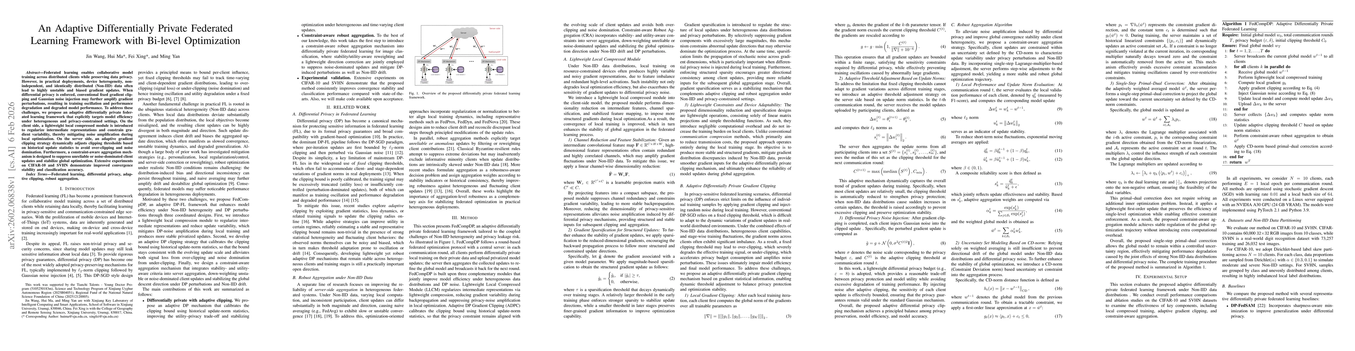 Thumbnail for An Adaptive Differentially Private Federated Learning Framework with Bi-level Optimization