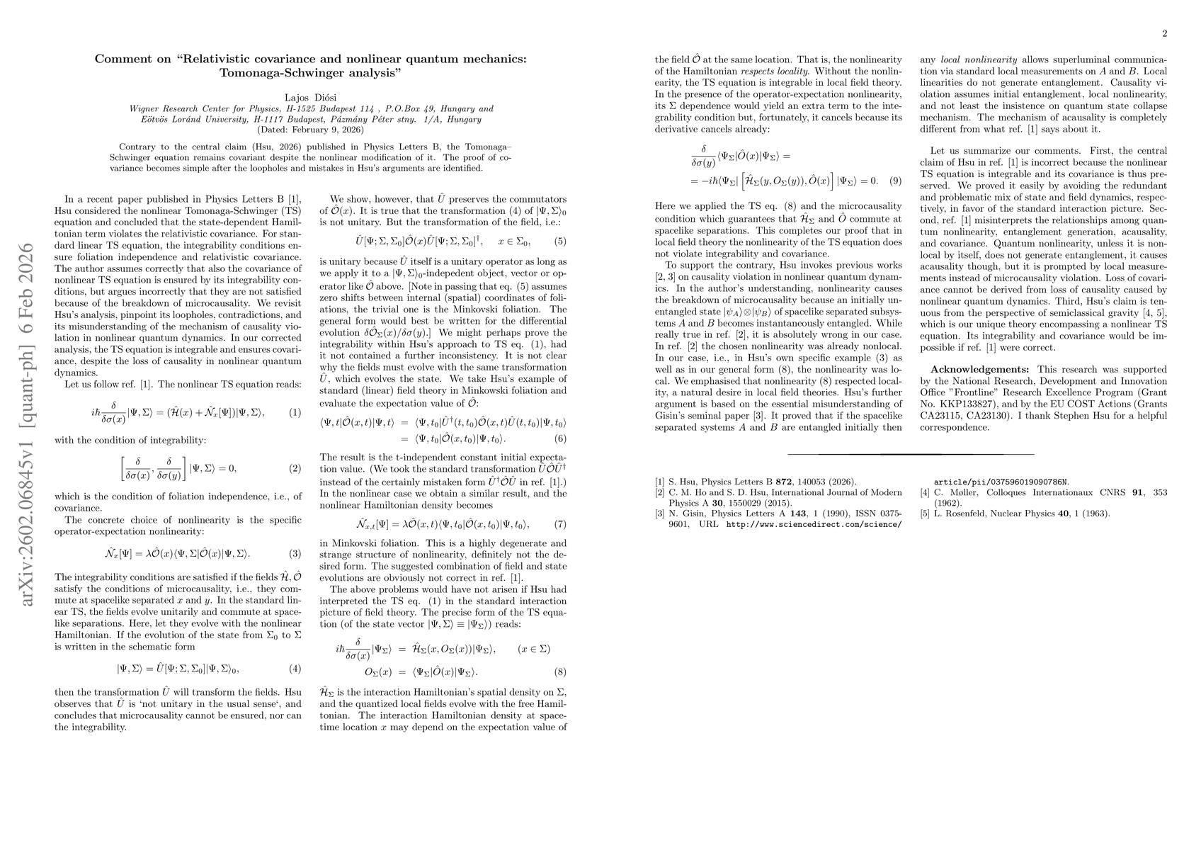 Thumbnail for Comment on "Relativistic covariance and nonlinear quantum mechanics: Tomonaga-Schwinger analysis''