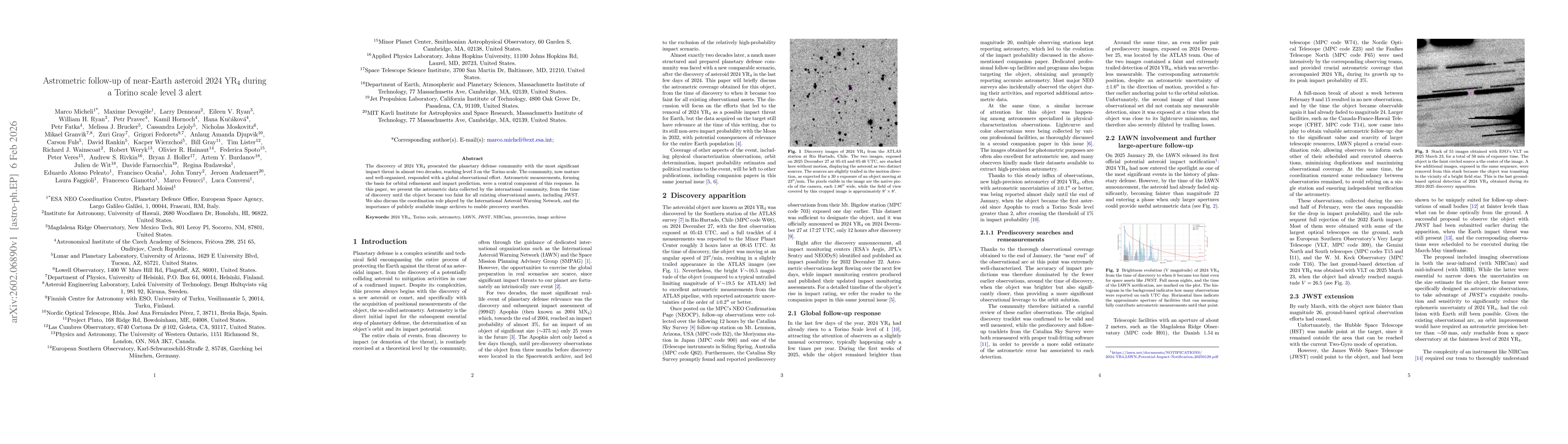 Thumbnail for Astrometric follow-up of near-Earth asteroid 2024 YR4 during a Torino scale level 3 alert