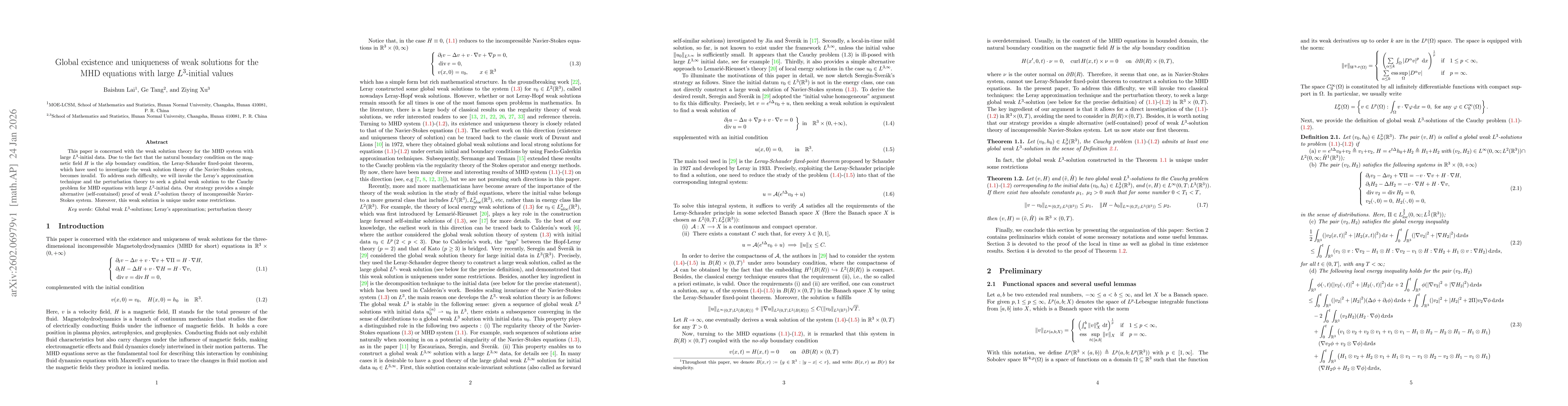 Thumbnail for Global existence and uniqueness of weak solutions for the MHD equations with large $L^3$-initial values
