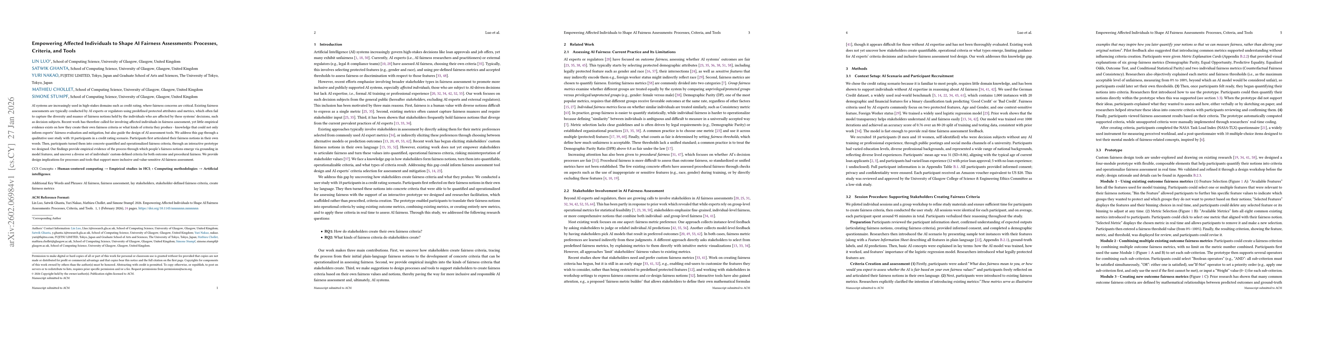 Thumbnail for Empowering Affected Individuals to Shape AI Fairness Assessments: Processes, Criteria, and Tools