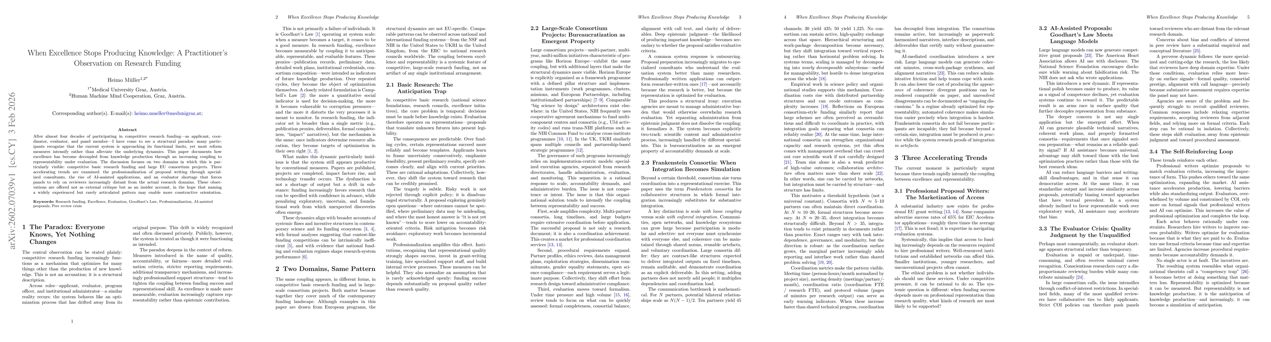 Thumbnail for When Excellence Stops Producing Knowledge: A Practitioner's Observation on Research Funding