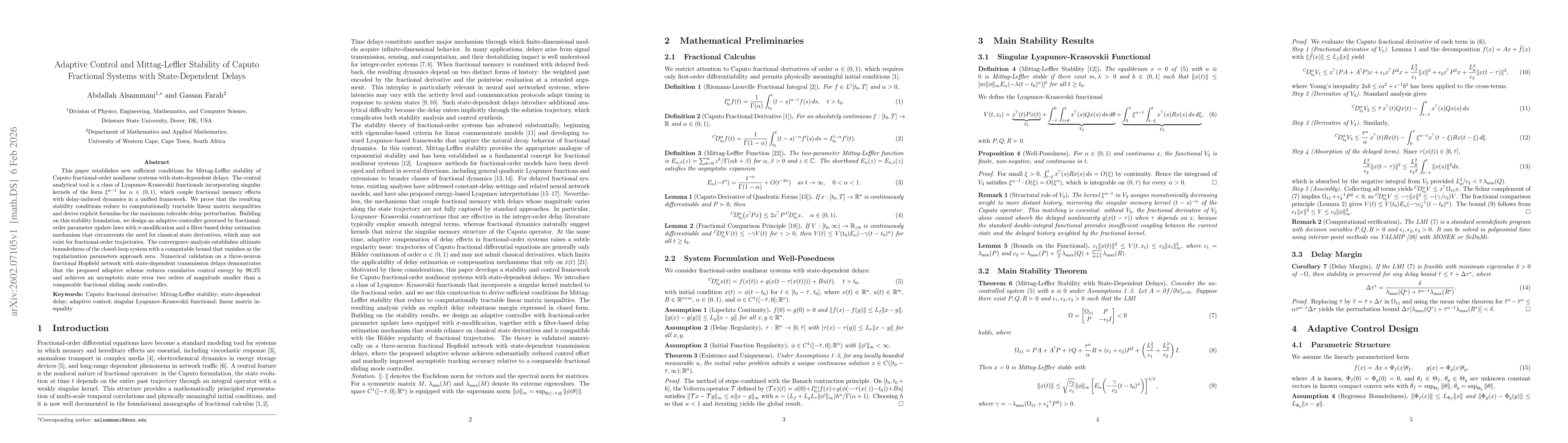 Thumbnail for Adaptive Control and Mittag-Leffler Stability of Caputo Fractional Systems with State-Dependent Delays