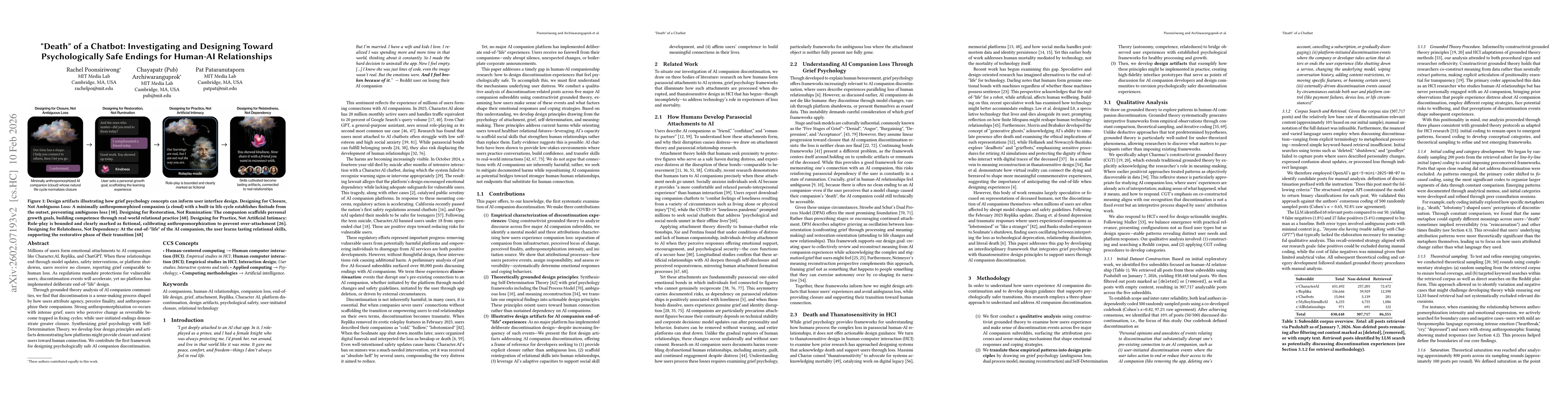 Thumbnail for "Death" of a Chatbot: Investigating and Designing Toward Psychologically Safe Endings for Human-AI Relationships