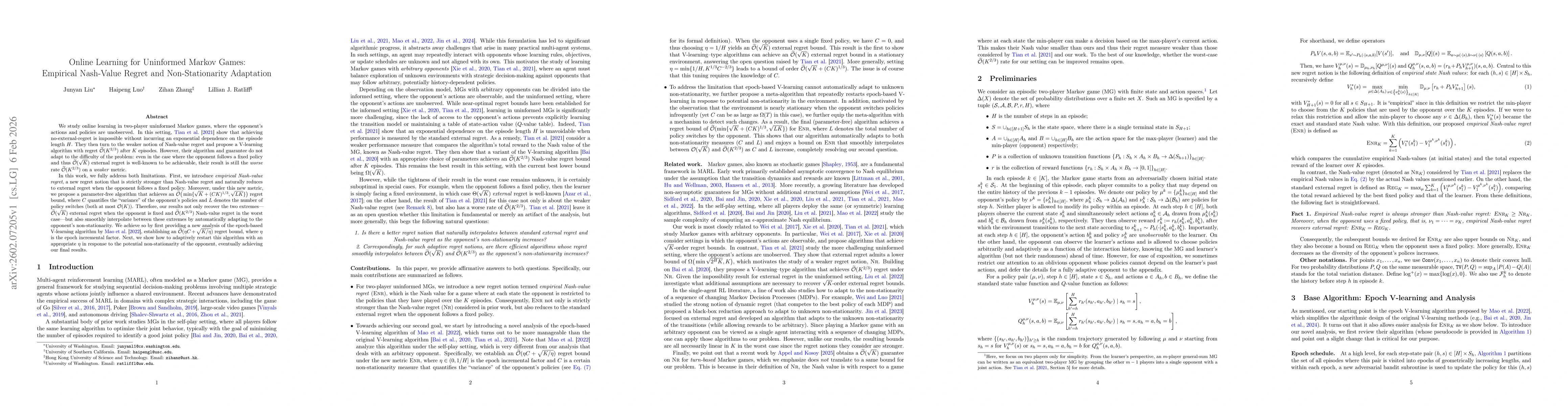 Thumbnail for Online Learning for Uninformed Markov Games: Empirical Nash-Value Regret and Non-Stationarity Adaptation
