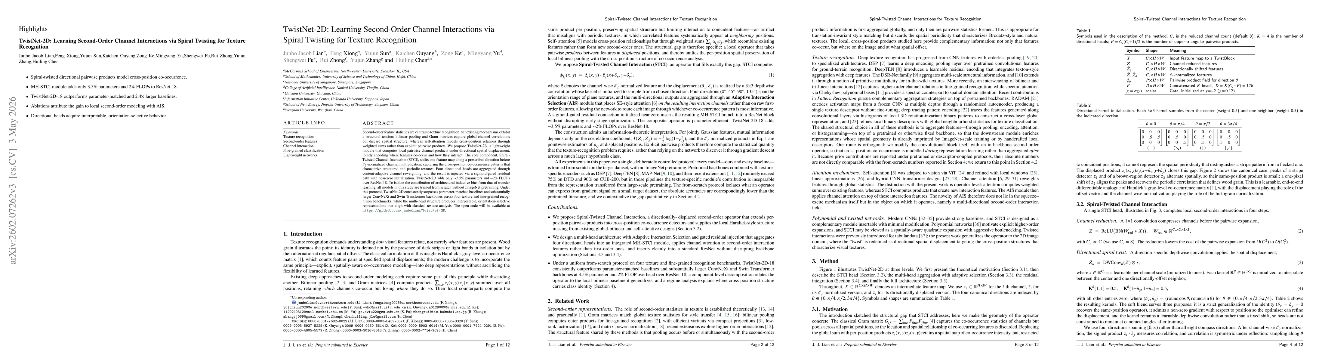 Thumbnail for TwistNet-2D: Learning Second-Order Channel Interactions via Spiral Twisting for Texture Recognition