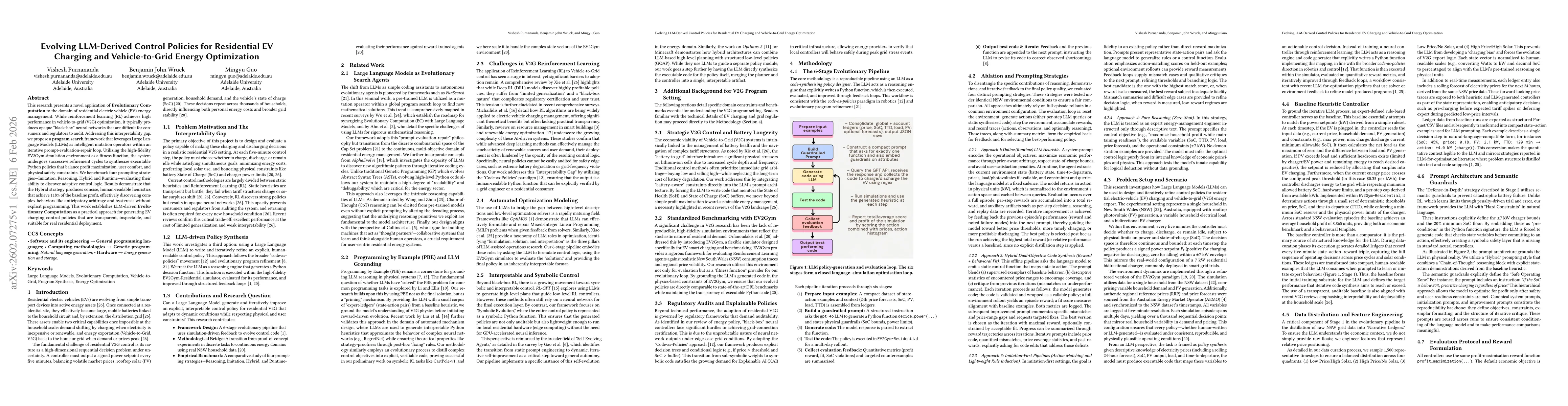 Thumbnail for Evolving LLM-Derived Control Policies for Residential EV Charging and Vehicle-to-Grid Energy Optimization