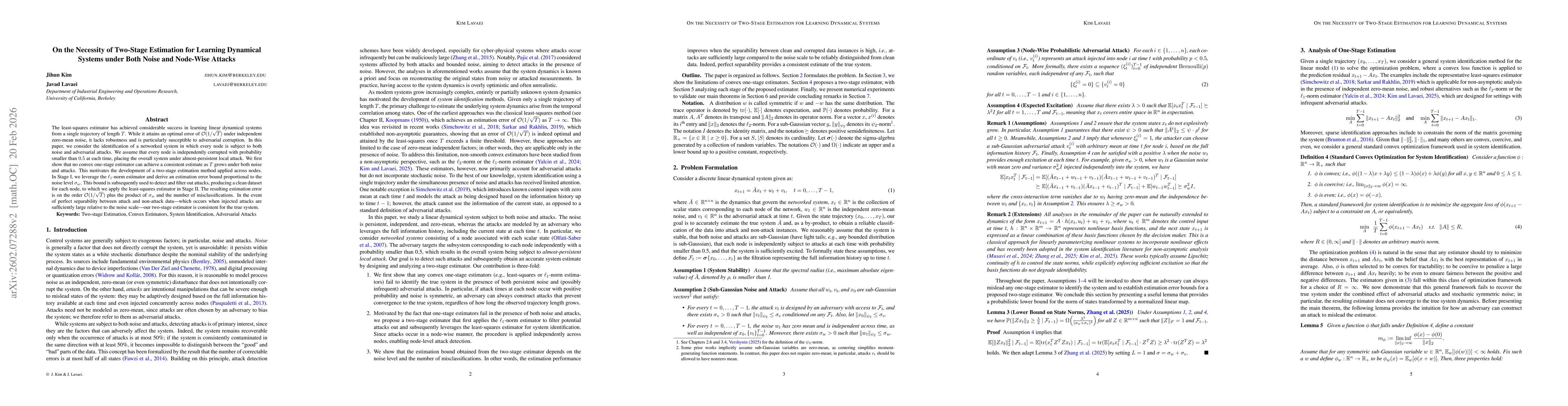 Thumbnail for On the Necessity of Two-Stage Estimation for Learning Dynamical Systems under Both Noise and Node-Wise Attacks