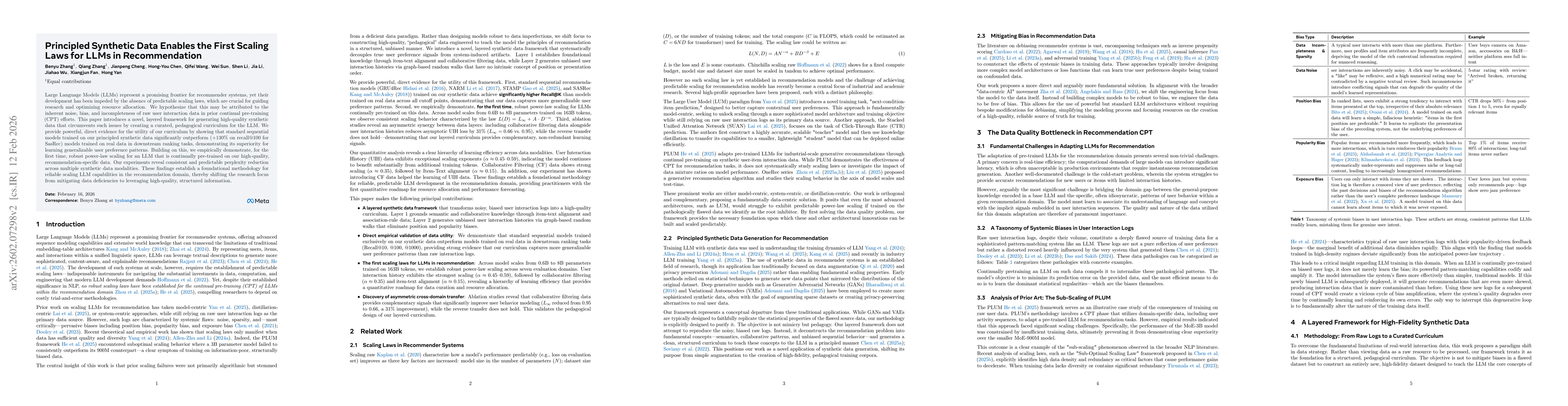 Thumbnail for Principled Synthetic Data Enables the First Scaling Laws for LLMs in Recommendation