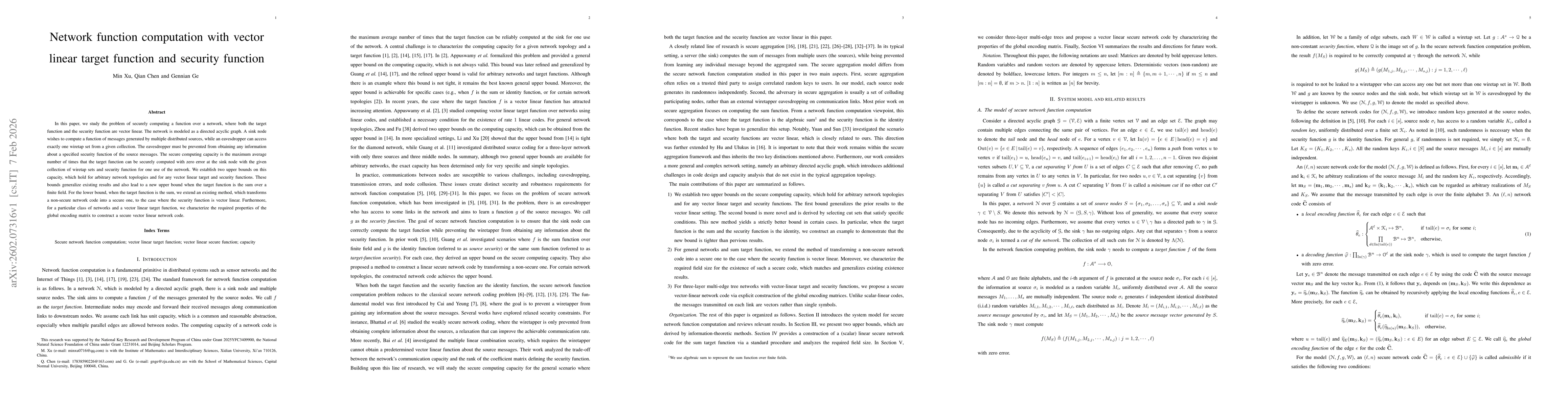 Thumbnail for Network function computation with vector linear target function and security function