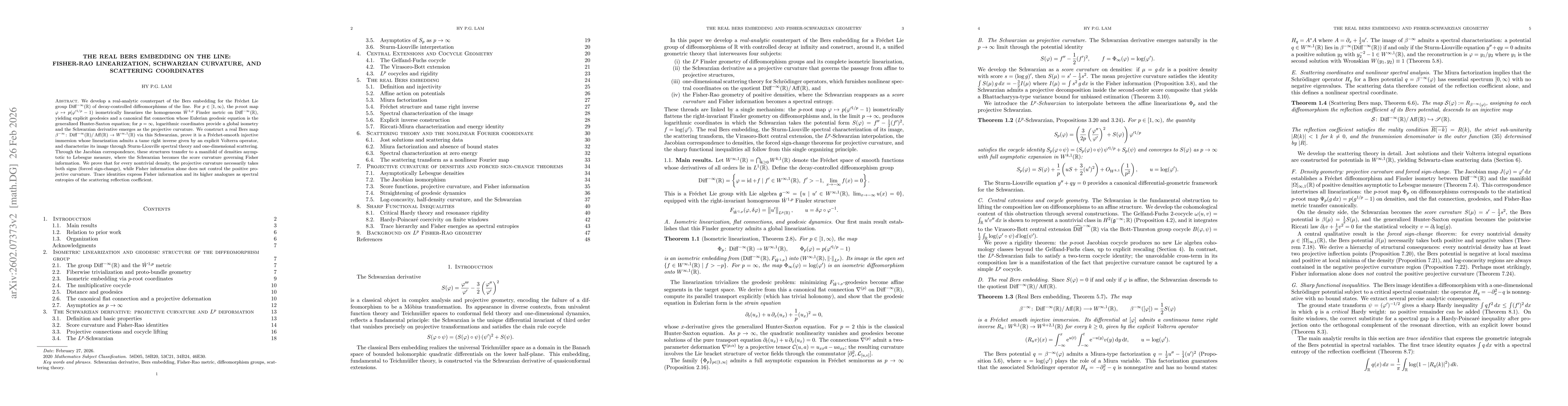 Thumbnail for Real Bers embedding on the line: Fisher-Rao linearization, Schwarzian curvature, and scattering coordinates