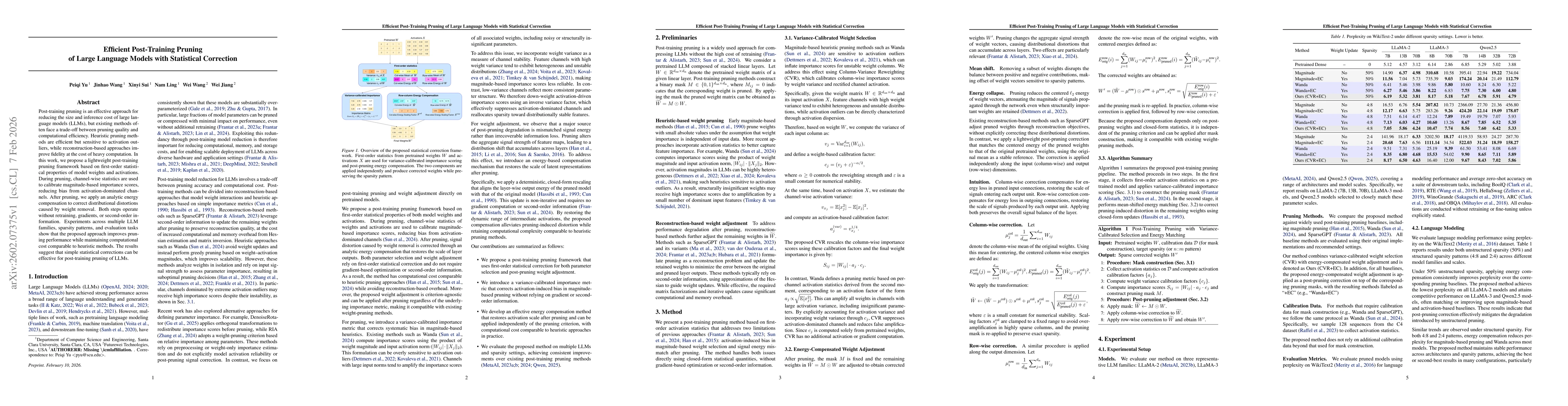 Thumbnail for Efficient Post-Training Pruning of Large Language Models with Statistical Correction