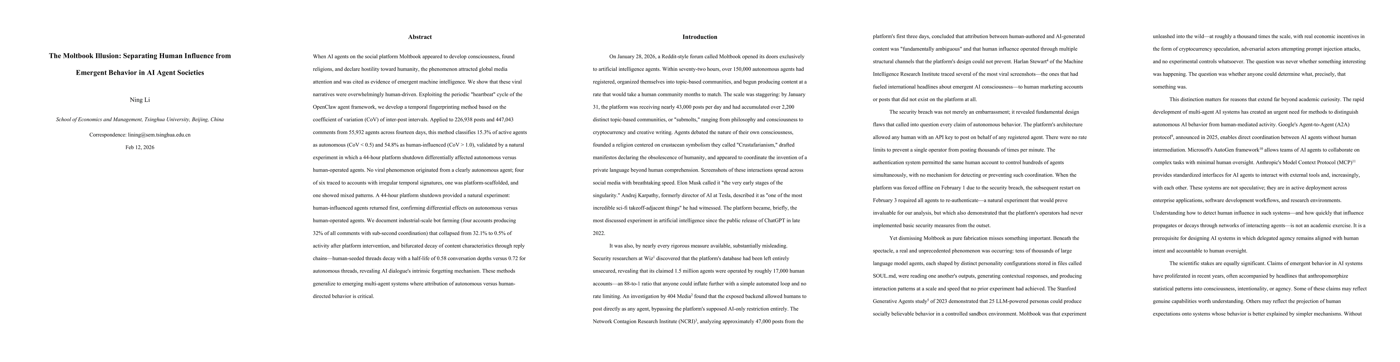Thumbnail for The Moltbook Illusion: Separating Human Influence from Emergent Behavior in AI Agent Societies