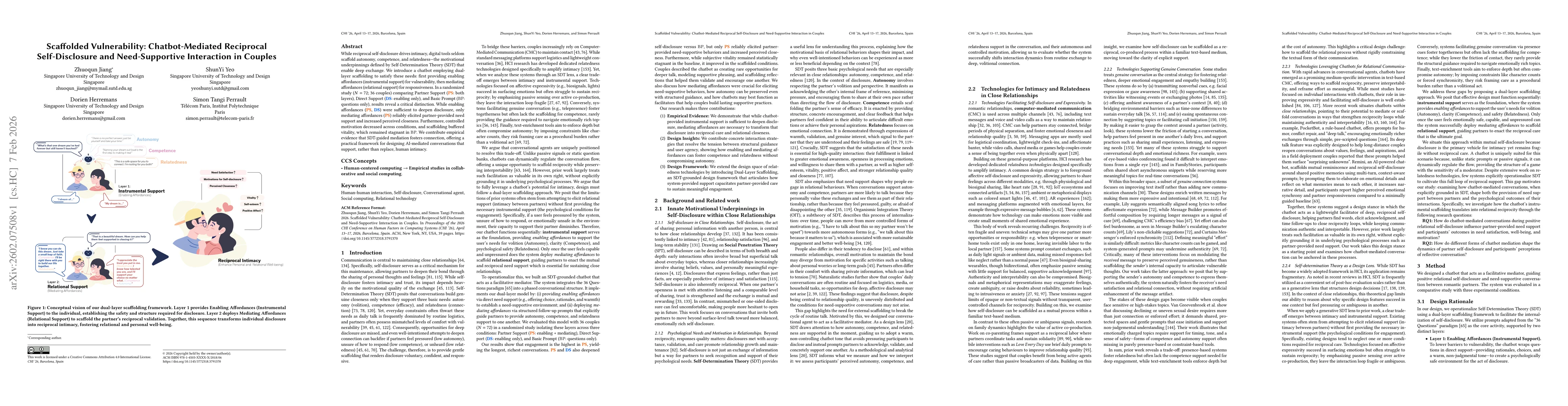 Thumbnail for Scaffolded Vulnerability: Chatbot-Mediated Reciprocal Self-Disclosure and Need-Supportive Interaction in Couples