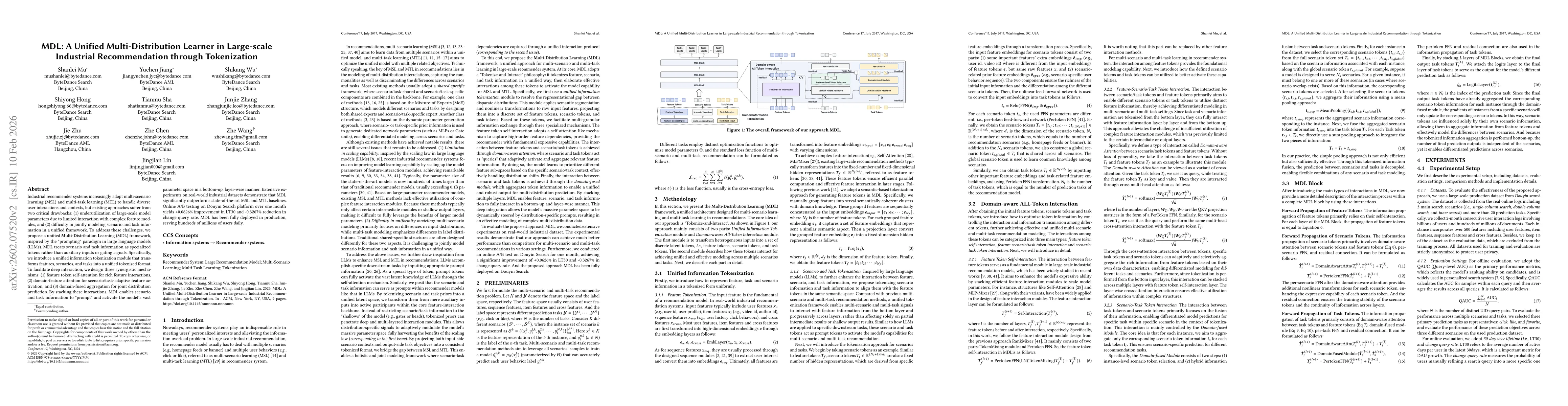 Thumbnail for MDL: A Unified Multi-Distribution Learner in Large-scale Industrial Recommendation through Tokenization
