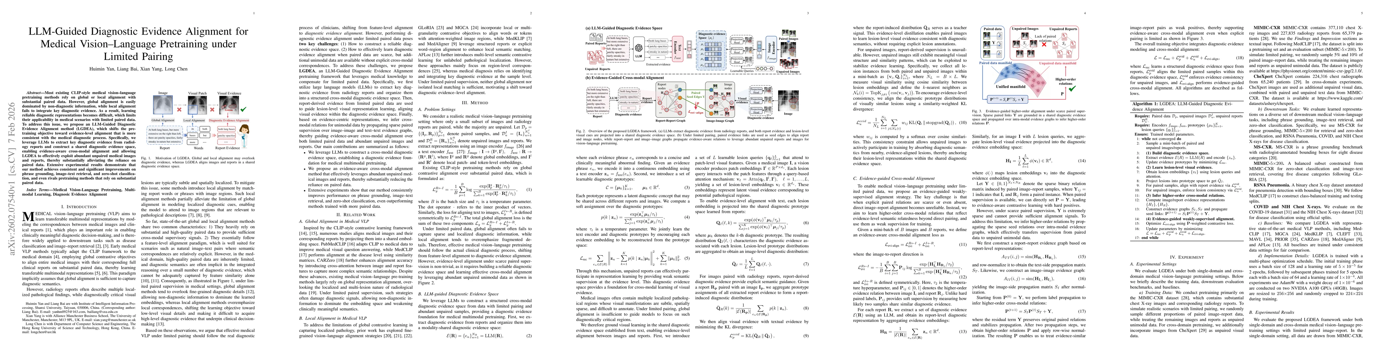Thumbnail for LLM-Guided Diagnostic Evidence Alignment for Medical Vision-Language Pretraining under Limited Pairing