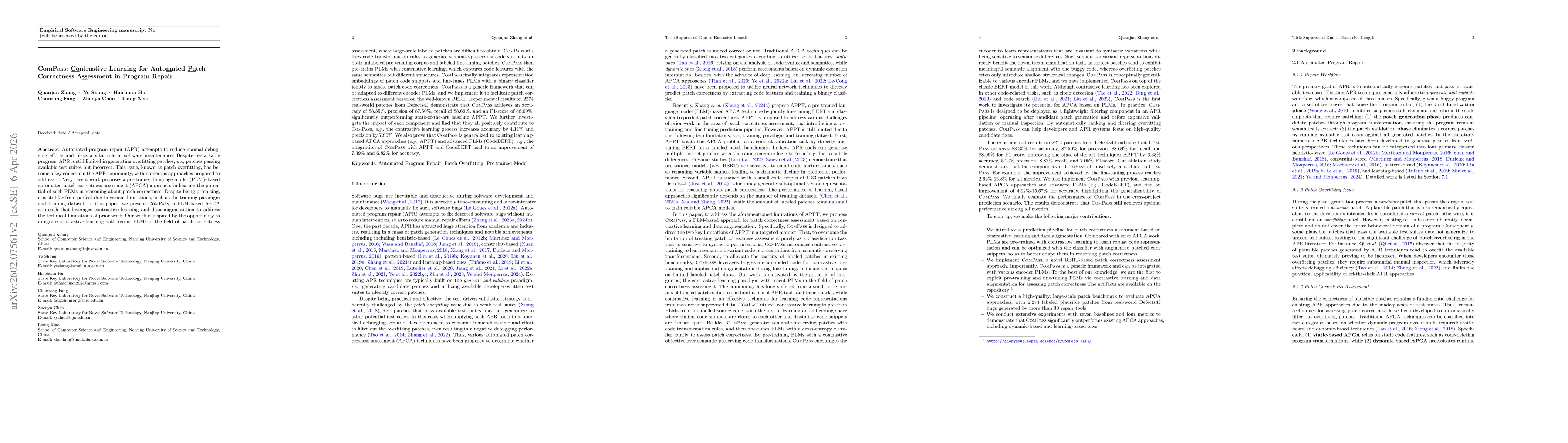 Thumbnail for ComPass: Contrastive Learning for Automated Patch Correctness Assessment in Program Repair