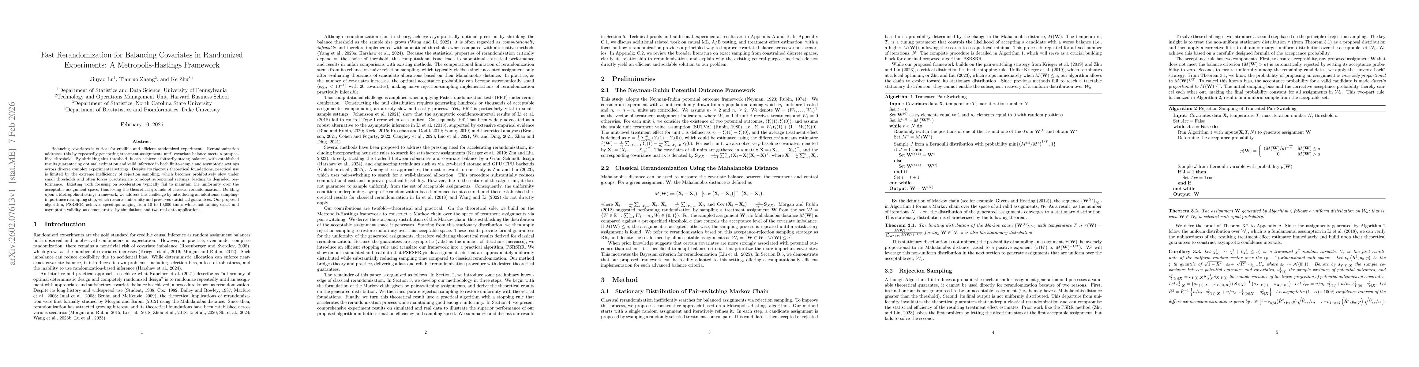 Thumbnail for Fast Rerandomization for Balancing Covariates in Randomized Experiments: A Metropolis-Hastings Framework