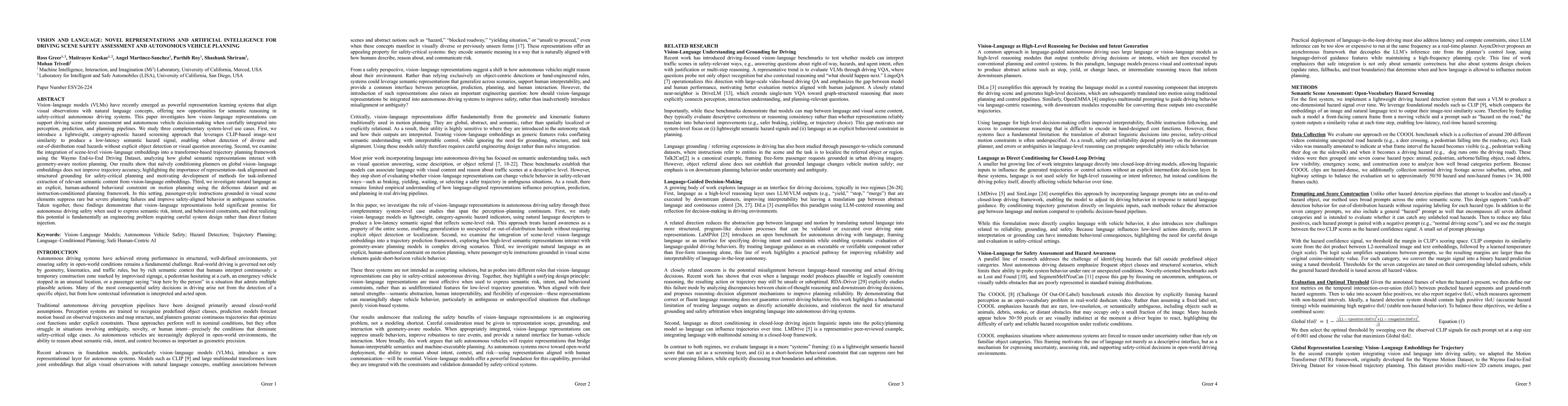 Thumbnail for Vision and language: Novel Representations and Artificial intelligence for Driving Scene Safety Assessment and Autonomous Vehicle Planning
