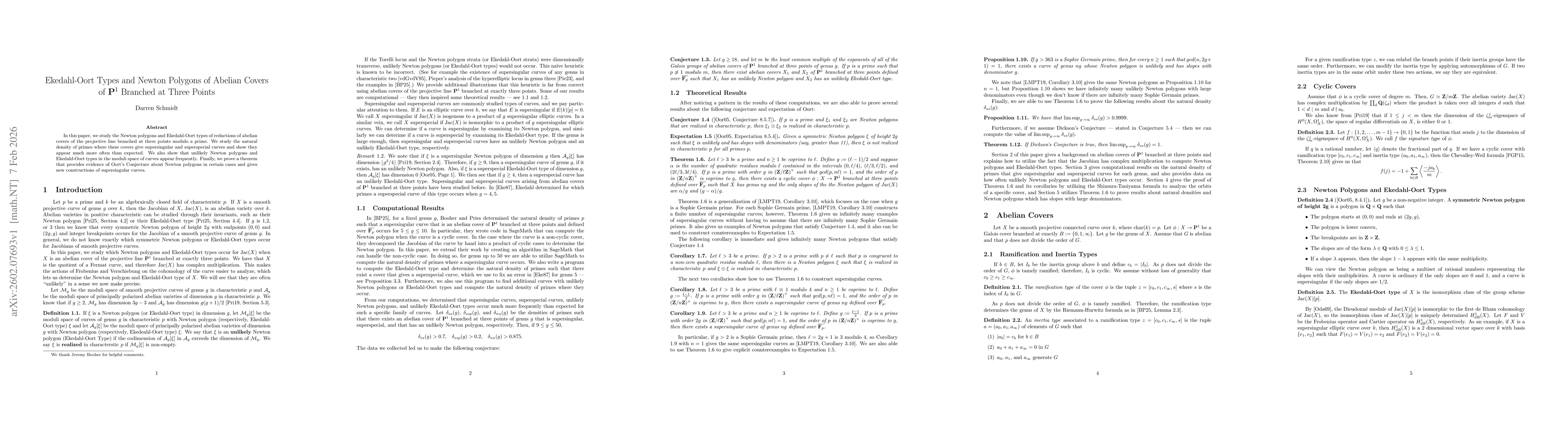 Thumbnail for Ekedahl-Oort Types and Newton Polygons of Abelian Covers of $\mathbf{P}^1$ Branched at Three Points