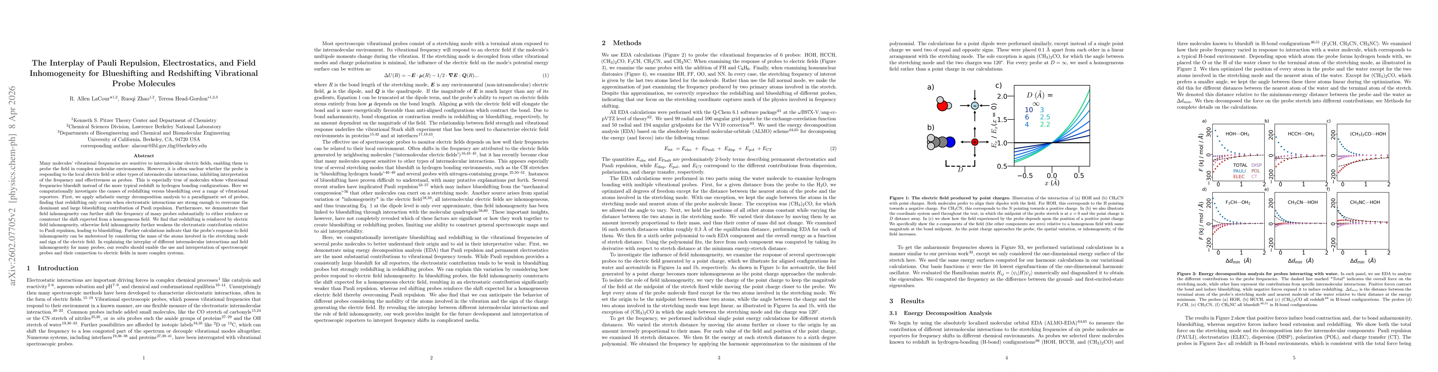 Thumbnail for The Interplay of Pauli Repulsion, Electrostatics, and Field Inhomogeneity for Blueshifting and Redshifting Vibrational Probe Molecules