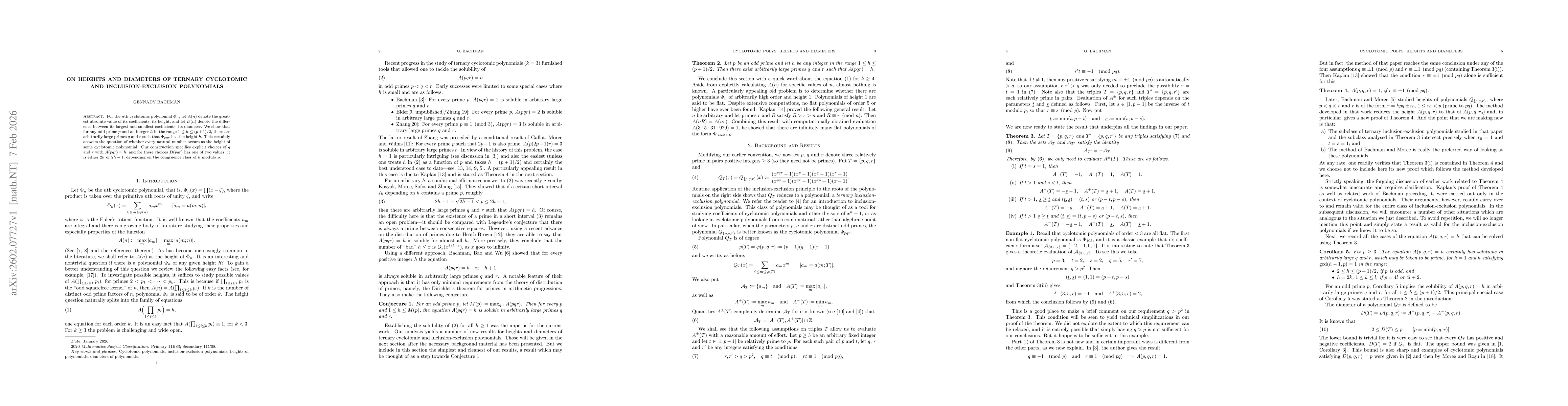 Thumbnail for On Heights and Diameters of Ternary Cyclotomic and Inclusion-Exclusion Polynomials