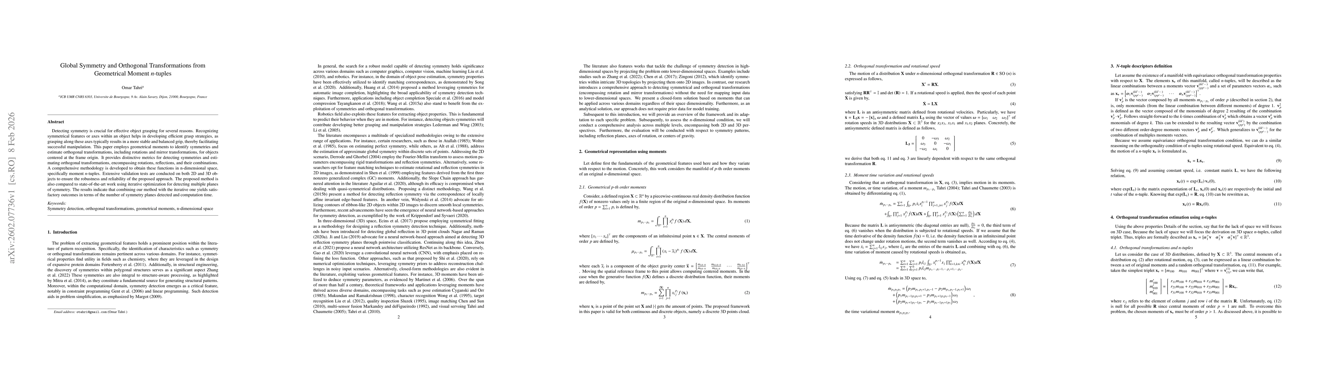 Thumbnail for Global Symmetry and Orthogonal Transformations from Geometrical Moment $n$-tuples