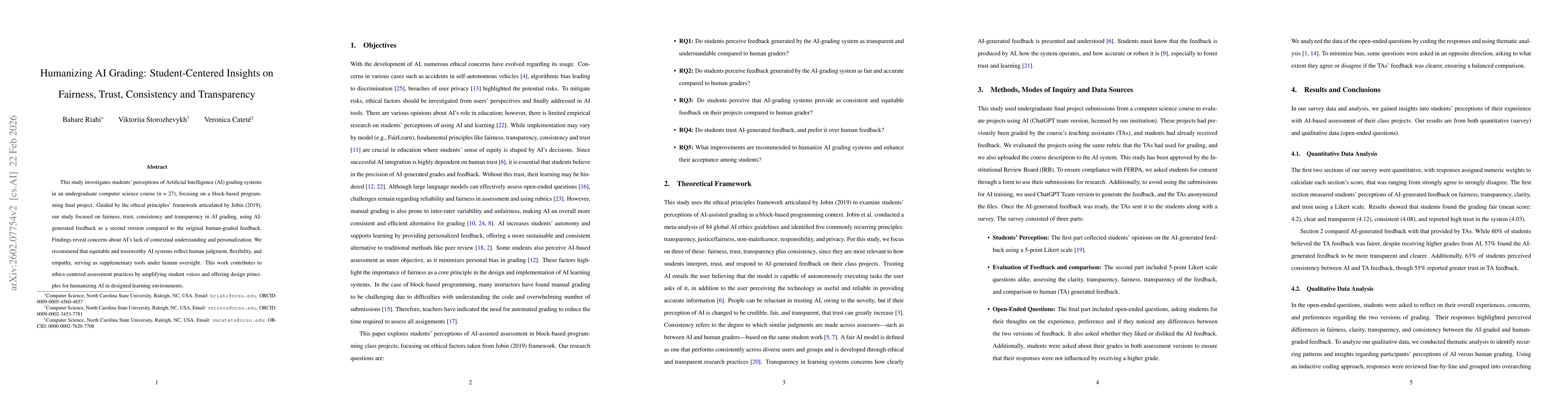 Thumbnail for Humanizing AI Grading: Student-Centered Insights on Fairness, Trust, Consistency and Transparency