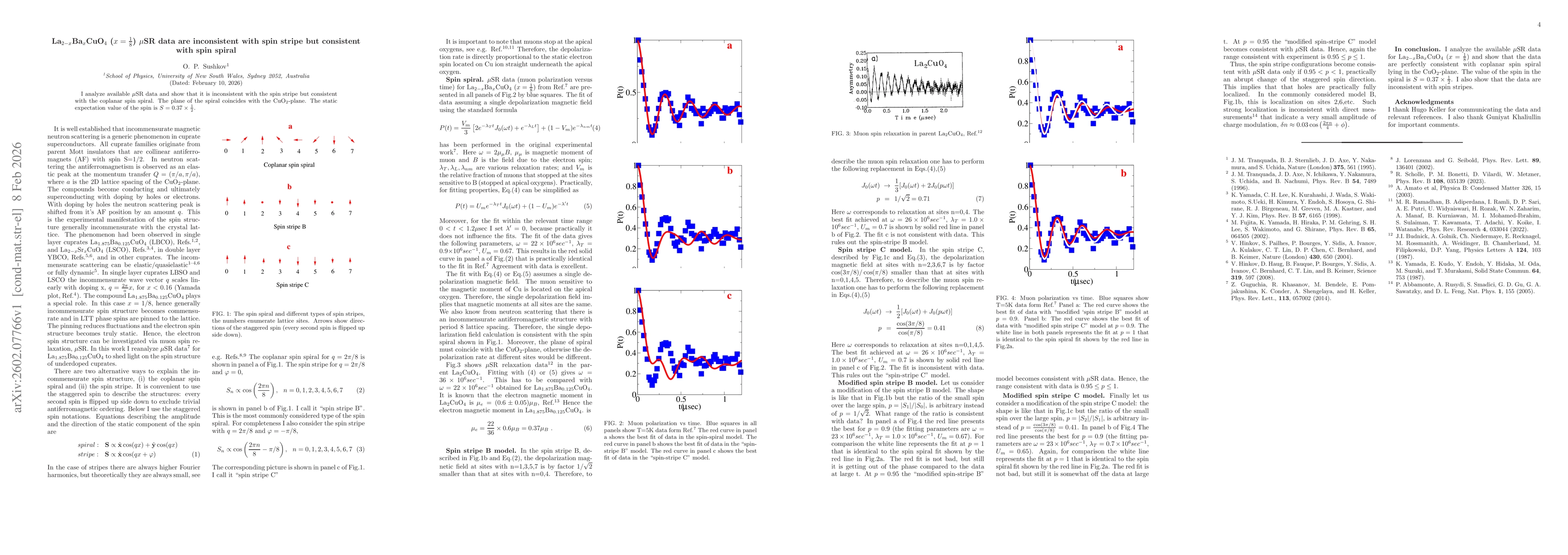 Thumbnail for La$_{2-x}$Ba$_x$CuO$_4$ ($x=\frac{1}{8}$) $μ$SR data are inconsistent with spin stripe but consistent with spin spiral