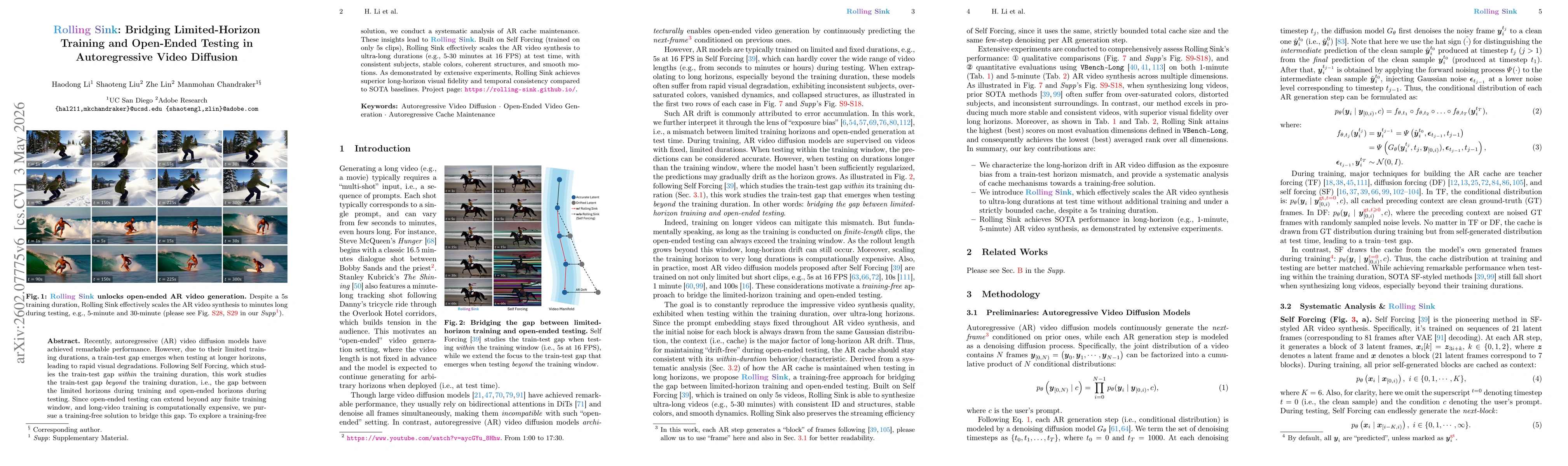Thumbnail for Rolling Sink: Bridging Limited-Horizon Training and Open-Ended Testing in Autoregressive Video Diffusion