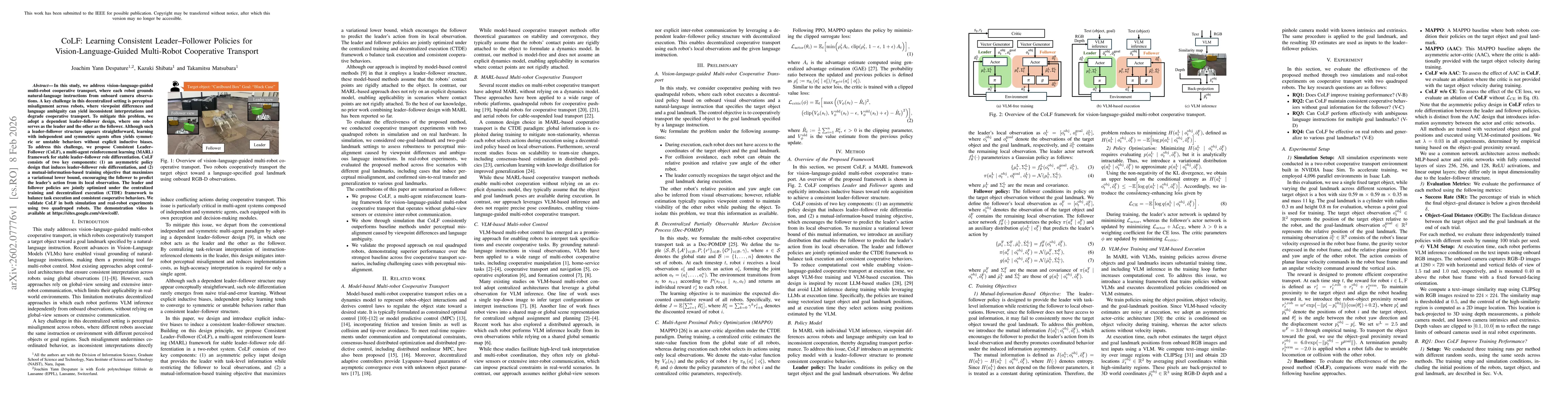 Thumbnail for CoLF: Learning Consistent Leader-Follower Policies for Vision-Language-Guided Multi-Robot Cooperative Transport