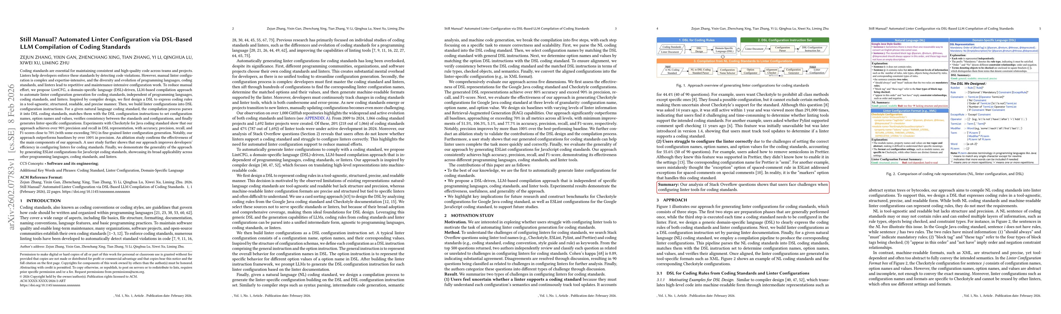 Thumbnail for Still Manual? Automated Linter Configuration via DSL-Based LLM Compilation of Coding Standards
