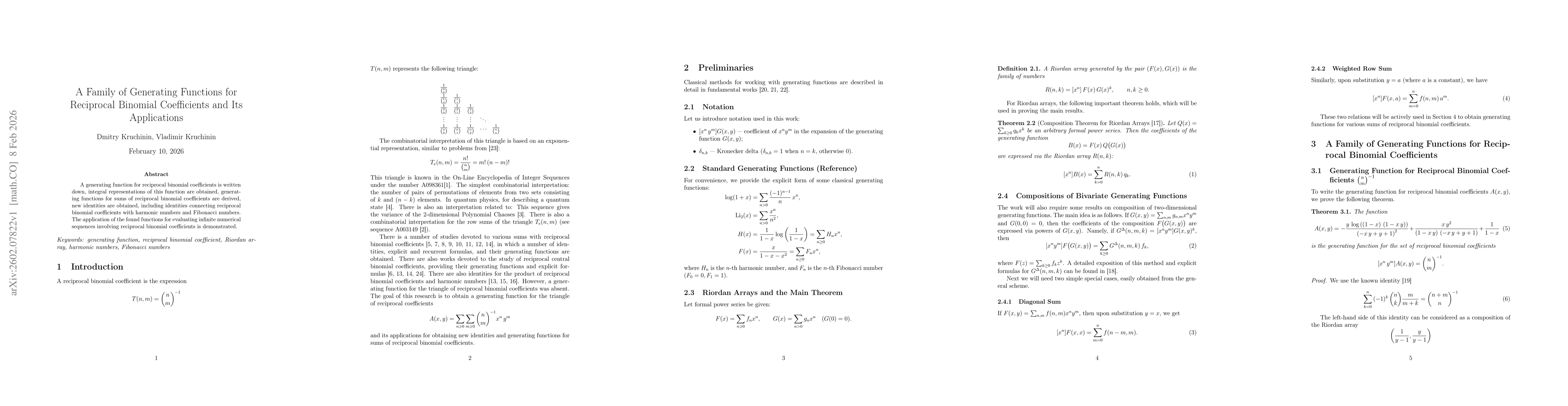 Thumbnail for A Family of Generating Functions for Reciprocal Binomial Coefficients and Its Applications