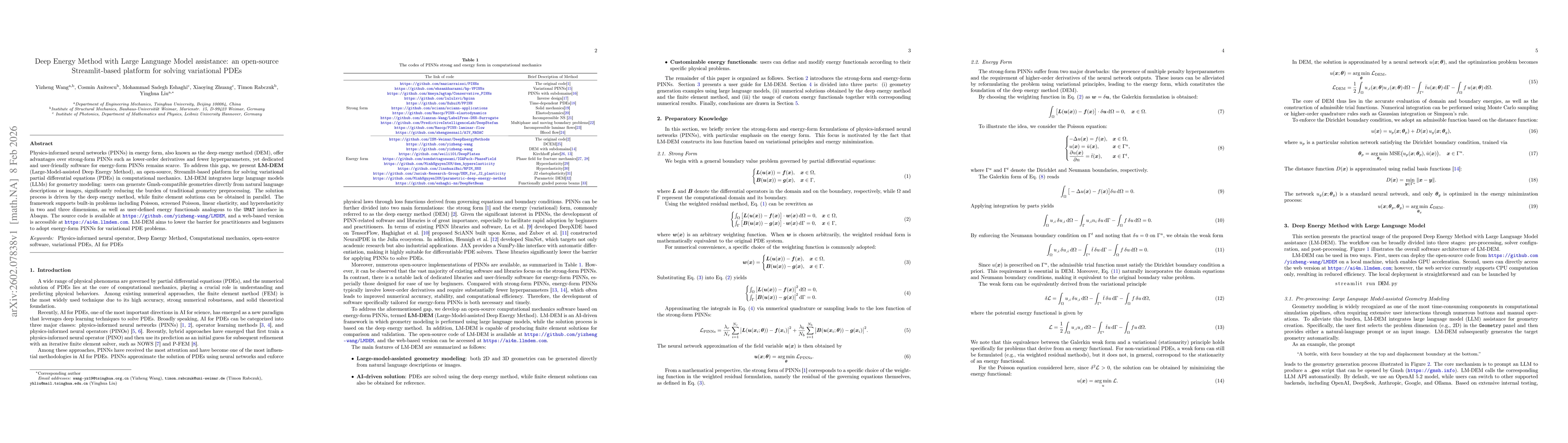 Thumbnail for Deep Energy Method with Large Language Model assistance: an open-source Streamlit-based platform for solving variational PDEs