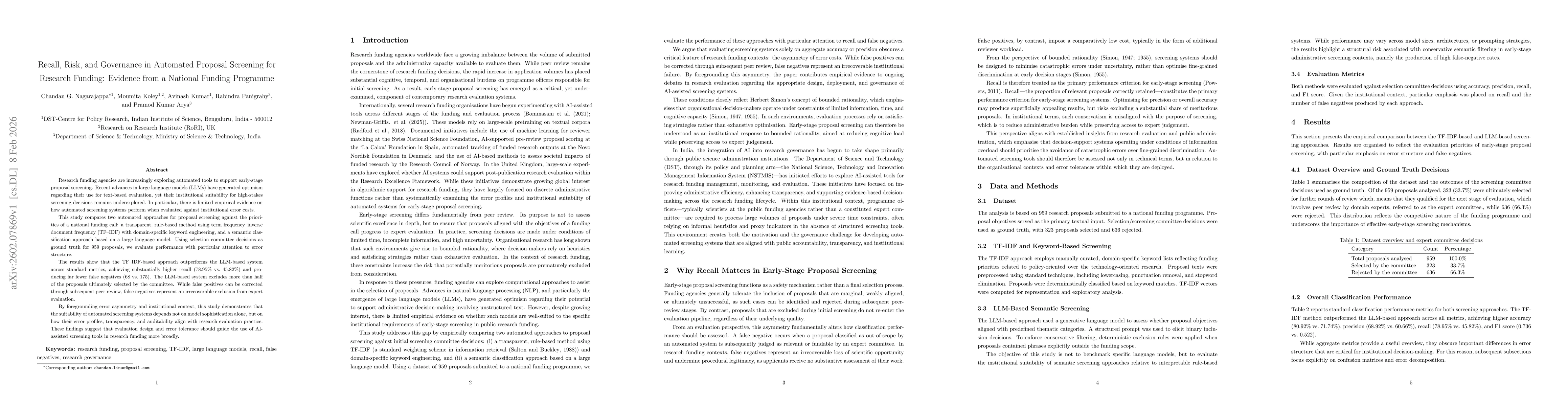 Thumbnail for Recall, Risk, and Governance in Automated Proposal Screening for Research Funding: Evidence from a National Funding Programme
